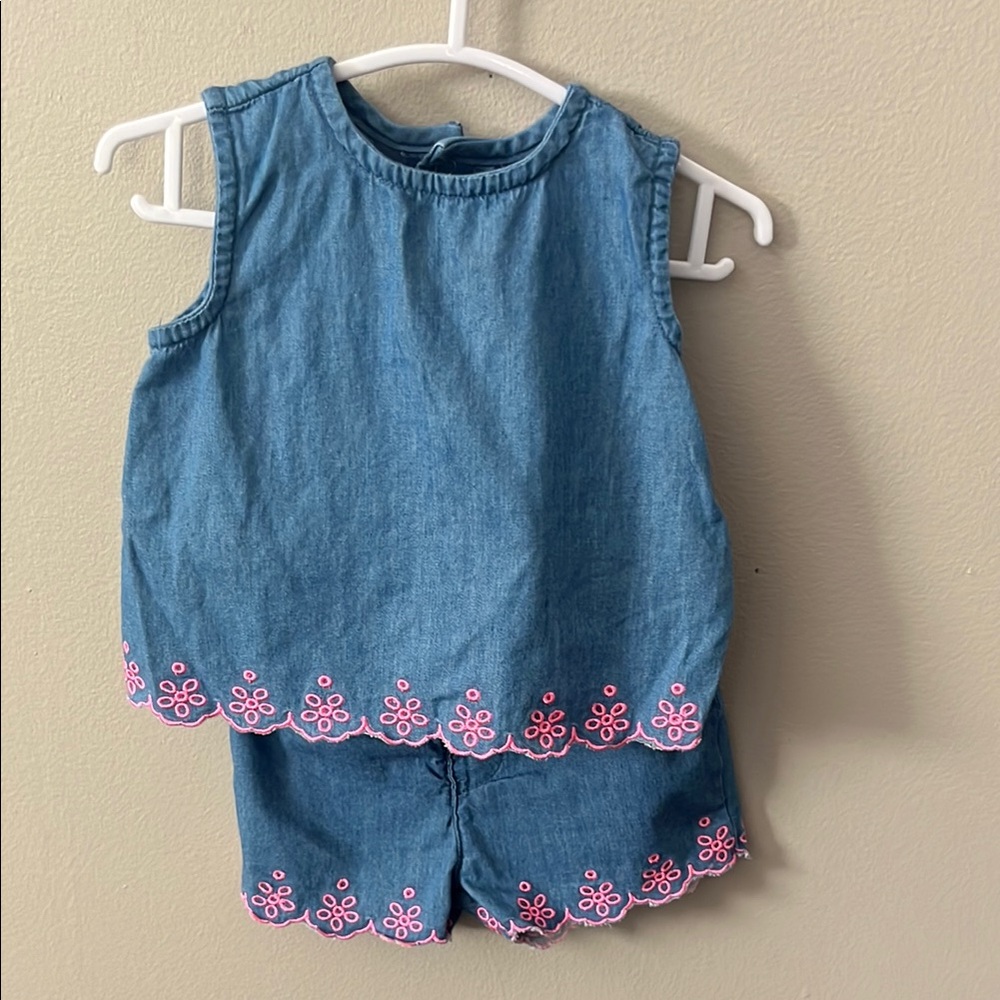 Denim Sleeveless Top and Shorts Set with Pink Embroidery